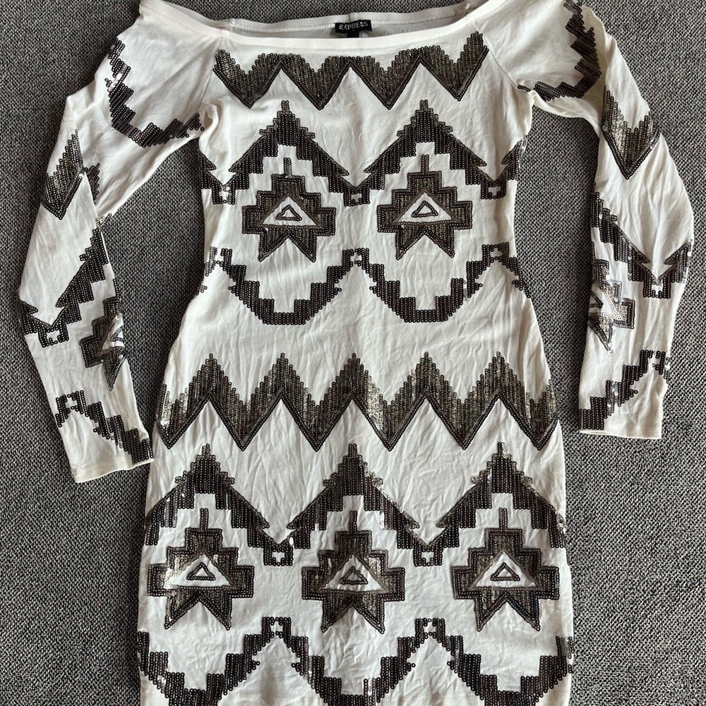 Express off-the-shoulder Cream & Sequin Long-Sleeve Dress